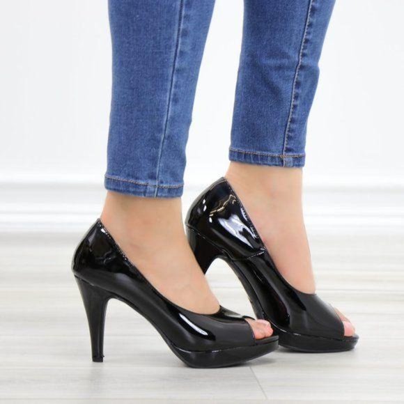 Black Patent Peep Toe High Heel Platform Pump - Picture 3 of 11